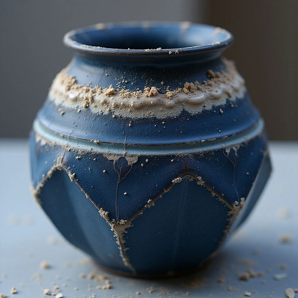 The object is a dark blue vessel with a rounded form, featuring distinct facets along its lower body and a narrower neck. A rough, pale texture covers portions of the surface, particularly around the rim and edges of the facets, contrasting with the smoother glazed areas. Light appears to originate from the left, creating highlights on the upper sections and casting subtle shadows that emphasize the vessel’s three-dimensional shape against a blurred background.