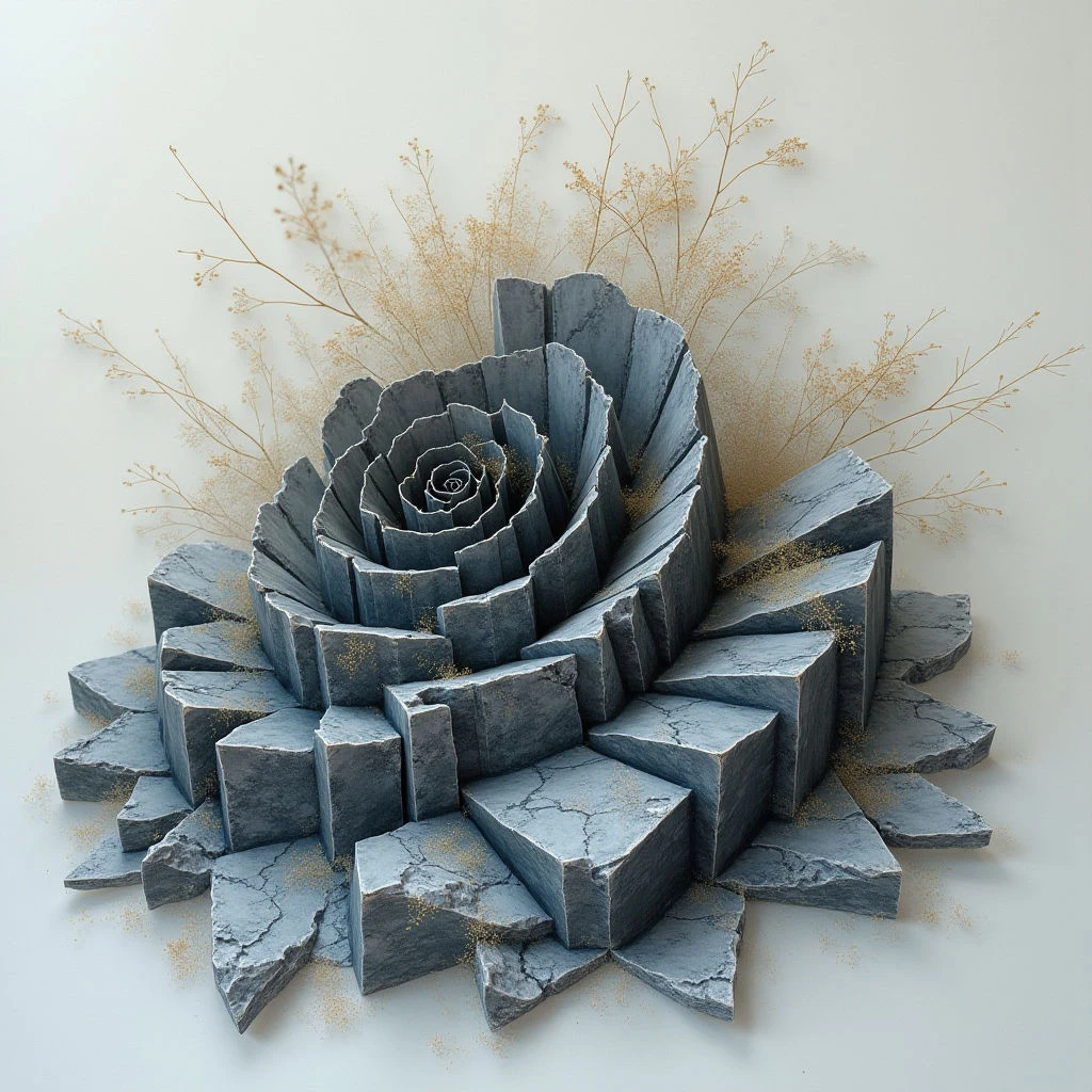 The image features a central form resembling a rose constructed from layered, fractured stone in shades of gray and blue. Delicate golden sprigs rise behind the stone structure, contrasting with its rough texture and angular shapes. Soft, diffused light illuminates the composition, creating subtle shadows and highlighting scattered gold particles across the base.