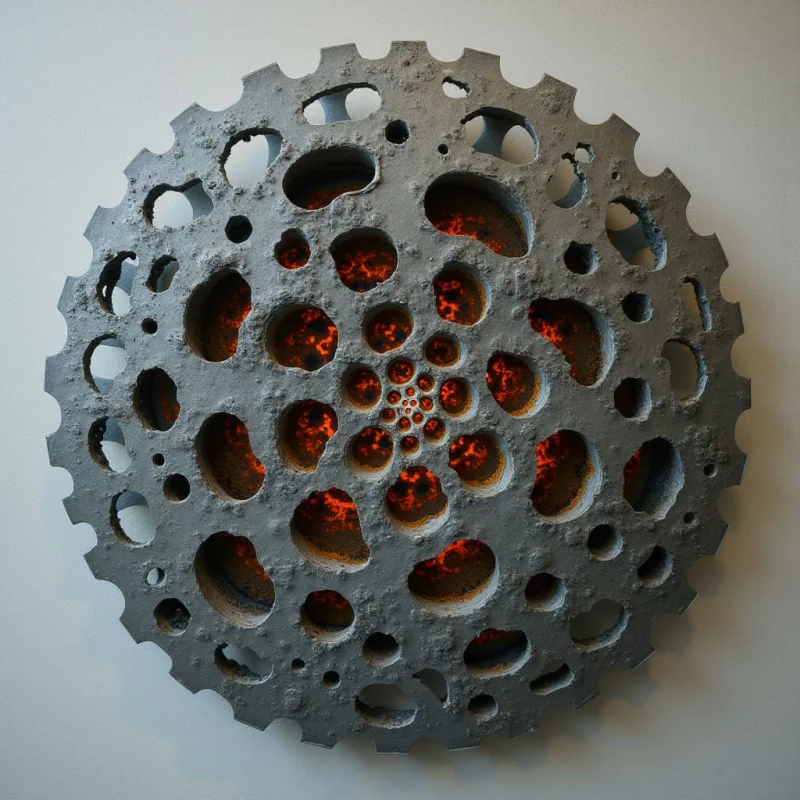 The piece is a roughly circular form with a dark gray, heavily textured surface punctuated by numerous irregular holes of varying sizes. Within these openings glows a warm, reddish-orange light that becomes more concentrated towards the center of the shape. The object appears to be mounted slightly away from a neutral pale wall, creating a shadow and suggesting three-dimensionality.