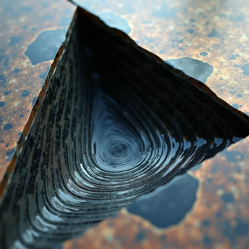 The image is dominated by dark blues and browns with a speckled texture in the surrounding surface. A triangular shape formed by liquid creates a central focal point, reflecting concentric ripples within its form and distorted shapes from the environment around it. Light appears to be coming from above, creating highlights on the water’s surface and casting shadows that define the spatial relationships between the pools of liquid and the textured ground.