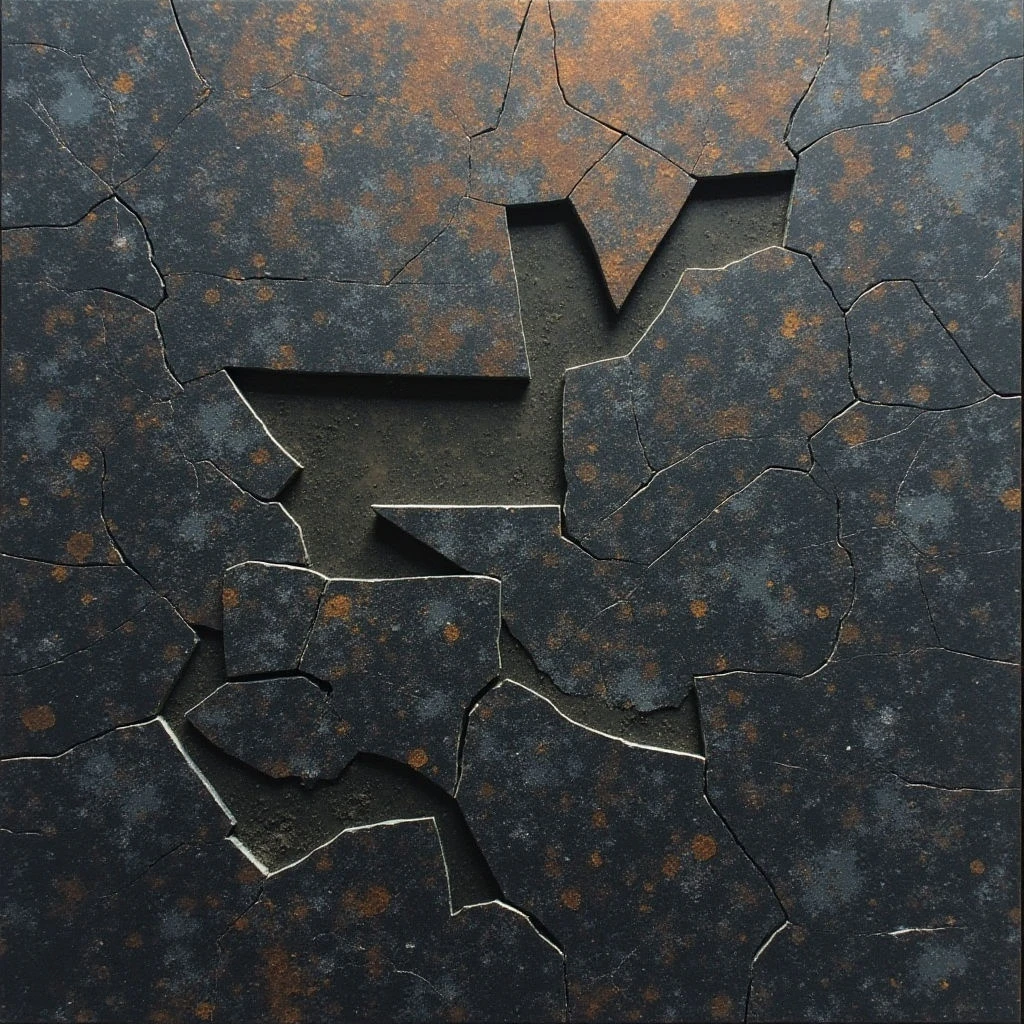 The image features a dark gray surface with an irregular network of cracks and patches of warm orange coloration throughout. A raised, angular shape resembling the state of Texas is cut into the surface, creating a deep shadow within its form. Light appears to be coming from above and slightly to the left, highlighting the textured background and emphasizing the three-dimensional aspect of the cutout.