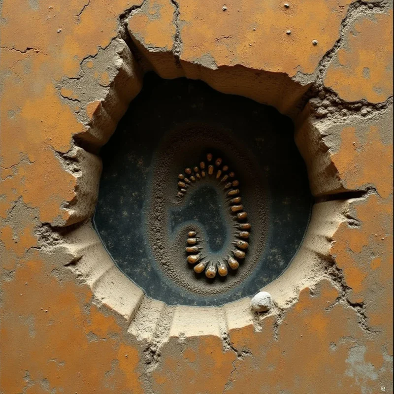 An irregular, jagged hole in an ochre-colored, textured surface reveals a dark, circular void containing a curved, segmented shape with golden, bead-like protrusions. The composition features a stark contrast between the matte, earthy tones of the outer layer and the smooth, shadowed depth of the inner cavity. A single small, pale stone rests near the lower edge of the opening, providing a point of scale within the spatial transition from the flat surface to the recessed center.