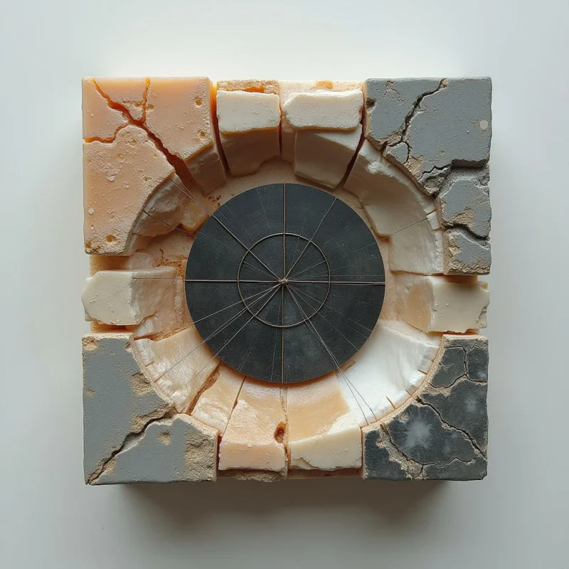 A square arrangement of irregular, blocky segments in shades of peach, cream, and slate gray forms a recessed perimeter around a central dark gray disc. The outer pieces feature cracked, stony textures and jagged edges, while the inner ring displays smoother, more fluid contours. Thin, radiating lines connect the textured outer blocks to the flat, circular center, creating a sense of radial symmetry within the composition.
