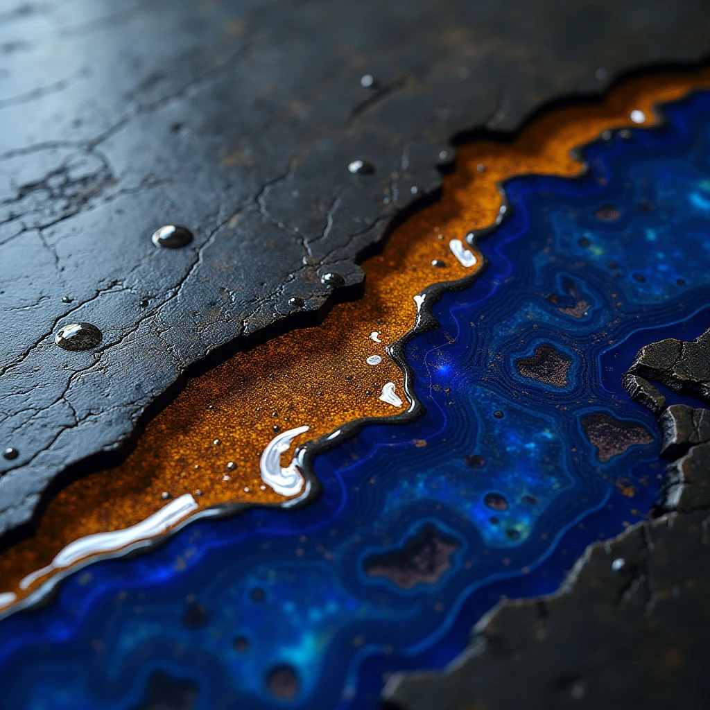 The image features a stark contrast between dark, cracked black surfaces and vibrant blue and orange fluid forms contained within the fissures. The textures range from rough and matte on the solid areas to smooth and reflective in the liquid sections, with small droplets scattered across both. Light appears concentrated on the liquids, highlighting their swirling patterns and creating depth as they recede into the cracks between the dark shapes.