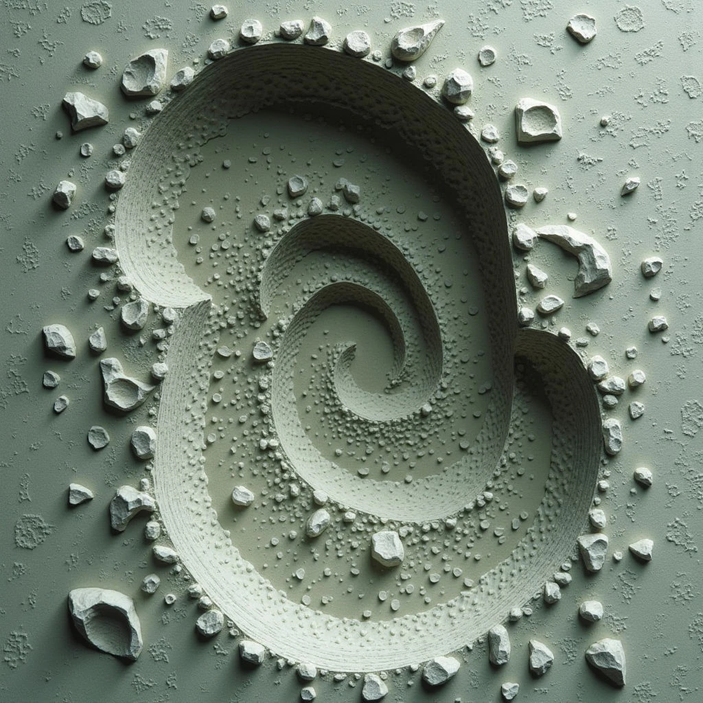 The image features a muted palette of pale greens and grays throughout. A spiraling form is carved into a textured surface, surrounded by scattered rock fragments of varying sizes. Soft, diffused light creates subtle shadows within the spiral’s grooves and on the surrounding field, suggesting a shallow depth of space.