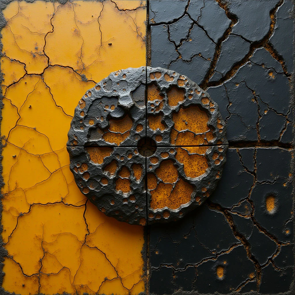 The image is divided into four quadrants with contrasting color schemes – two sections are a bright golden yellow and two are dark charcoal gray, all exhibiting a heavily cracked, rough texture. A circular object with numerous holes bisects the composition, resting partially on each quadrant and featuring both gray and yellow tones within its recesses; it casts subtle shadows onto the surrounding surfaces. The light source appears to be diffuse, highlighting the uneven textures of the cracks and the depth of the holes in the central form.