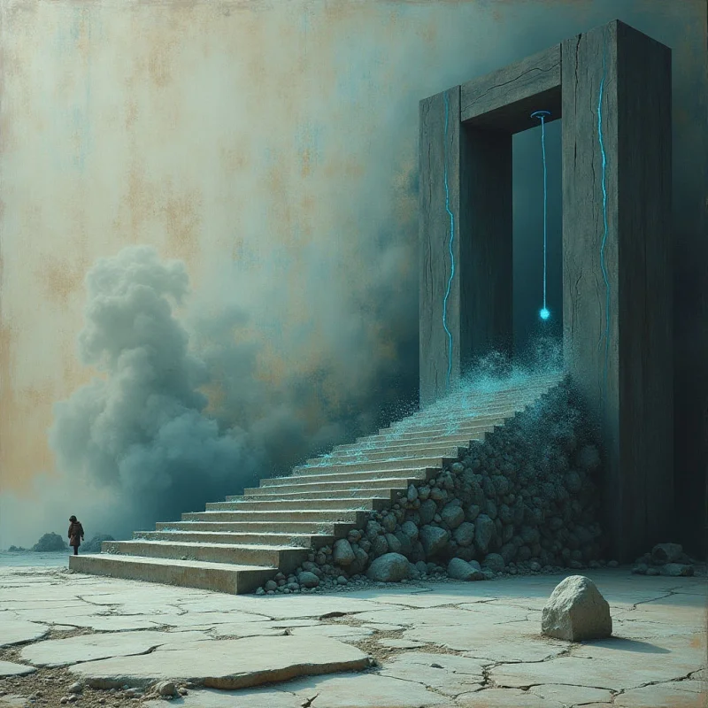 A large, dark stone monolith with a rectangular opening stands beside a wide set of stone stairs that ascend toward the structure. The color palette consists of muted teals, sandy beiges, and deep grays, contrasted by thin streaks of glowing blue light descending from the portal. Soft, billowing clouds occupy the left side of the frame, while the ground is composed of cracked, textured slabs and scattered boulders.