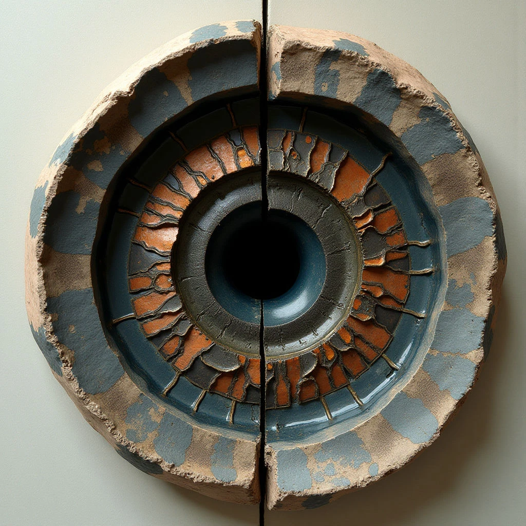 The work features a circular form bisected vertically into two symmetrical halves, with a palette of muted earth tones—beige, brown, and shades of blue-grey. Rough, uneven textures contrast with more regular patterns radiating from a central dark void, suggesting both natural erosion and deliberate construction; the inner rings appear fragmented. Soft, diffused light creates gentle gradations across the surface, emphasizing depth within the concentric shapes and casting minimal shadows.
