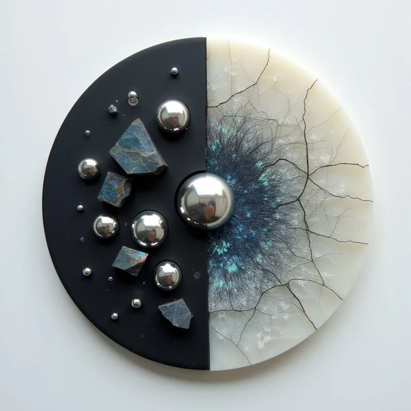 The image features a circular form bisected into two distinct halves: one matte black and the other off-white with visible cracking. The black side is populated with varying sizes of polished silver spheres and irregularly shaped, fractured gray stones, while the white half displays a radiating network of fine lines emanating from a central teal point. Light reflects strongly off the spheres and creates subtle shadows, contrasting with the textured surfaces of both halves and establishing depth within a mostly flat spatial arrangement.