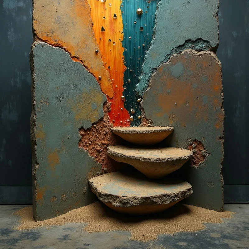 A vertical arrangement of jagged, earth-toned slabs in muted teal, rust orange, and deep ochre creates a central fissure filled with small, metallic spheres. Three thick, rounded stone steps protrude from the textured wall, descending toward a sandy floor. Soft light casts gentle shadows within the crevices and beneath the overhanging layers of rock.