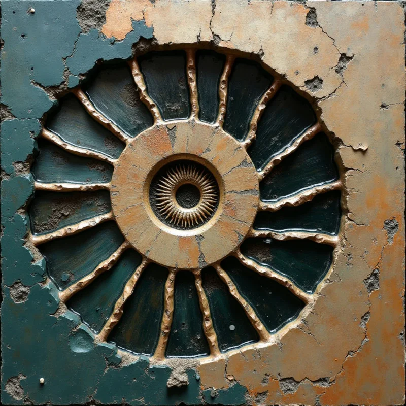A circular, sunburst-like relief features radiating tan ridges set against a dark teal background within a weathered, square frame. The composition combines smooth, sculpted lines with rough, cracked textures in shades of ochre, beige, and deep teal. Light catches the raised edges of the central pattern, creating depth through shadows between the textured segments.
