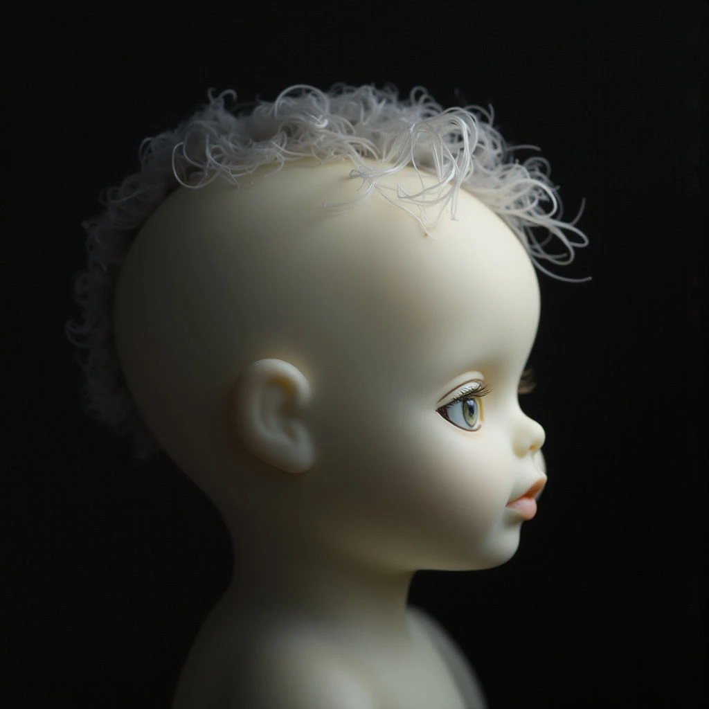 A pale doll’s head is shown in profile against a dark background. It has delicate features, including blue eyes and small lips, with wisps of white, curly hair framing the top of its head. Light catches the curve of its ear and highlights the smooth texture of its skin.