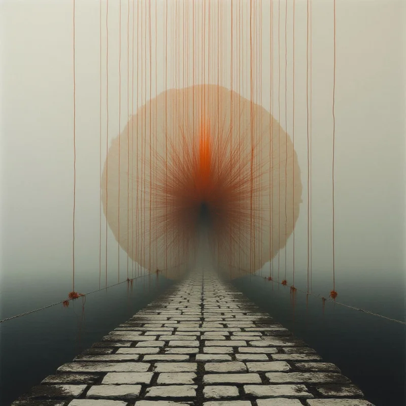 A stone path leads toward a large, translucent orange sphere that contains a dark, central void. Thin, vertical orange lines descend from the top of the frame, intersecting with a low-hanging mist and several horizontal wires stretching across the water. The composition uses a muted, desaturated palette of grey and beige, contrasted by the vibrant orange filaments and the textured, rectangular shapes of the cobblestones.