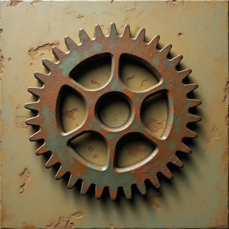 A rusted, dark metallic gear with jagged teeth is centered against a flat, tan-colored rectangular background. The composition features rough, oxidized textures on the gear and pitted, weathered surfaces on the backdrop. Shadows cast beneath the gear create a sense of depth, separating the circular object from the plane behind it.