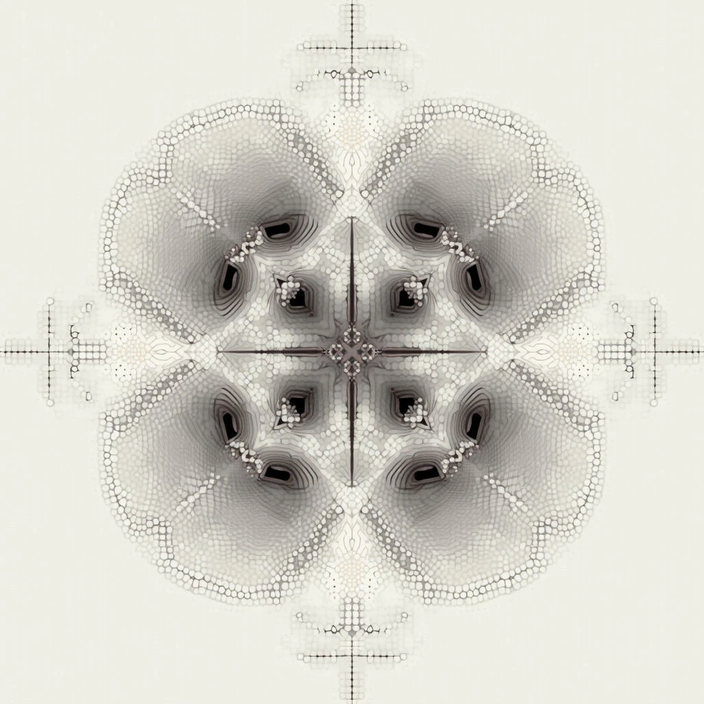 A symmetrical, floral-like pattern dominates the image, rendered in shades of gray and beige against a pale background. Concentric circles create layers within the design, with darker, almost shadowy shapes resembling petals or leaves clustered around a central point. Thin lines extend outwards from the center along four axes, marked by small geometric details.