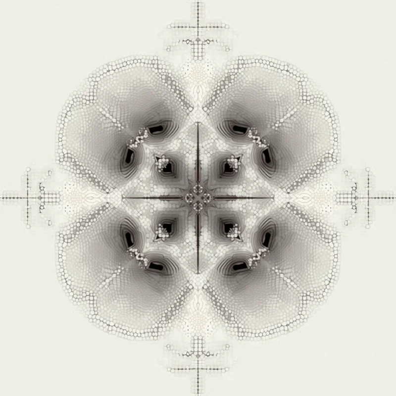 A symmetrical, floral-like pattern dominates the image, rendered in shades of gray and beige against a pale background. Concentric circles create layers within the design, with darker, almost shadowy shapes resembling petals or leaves clustered around a central point. Thin lines extend outwards from the center along four axes, marked by small geometric details.