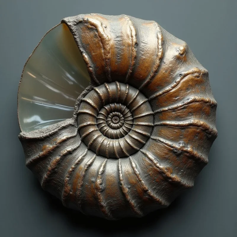 The image features a coiled ammonite shell with a color palette of muted browns and grays, accented by a translucent, pale yellow interior. The shell’s surface exhibits a rough, textured quality marked by ridges and subtle imperfections, contrasting with the smooth polish within the opening. Light appears to originate from multiple sources, highlighting the spiral form and creating depth through variations in shadow across its chambers, set against a dark gray background.