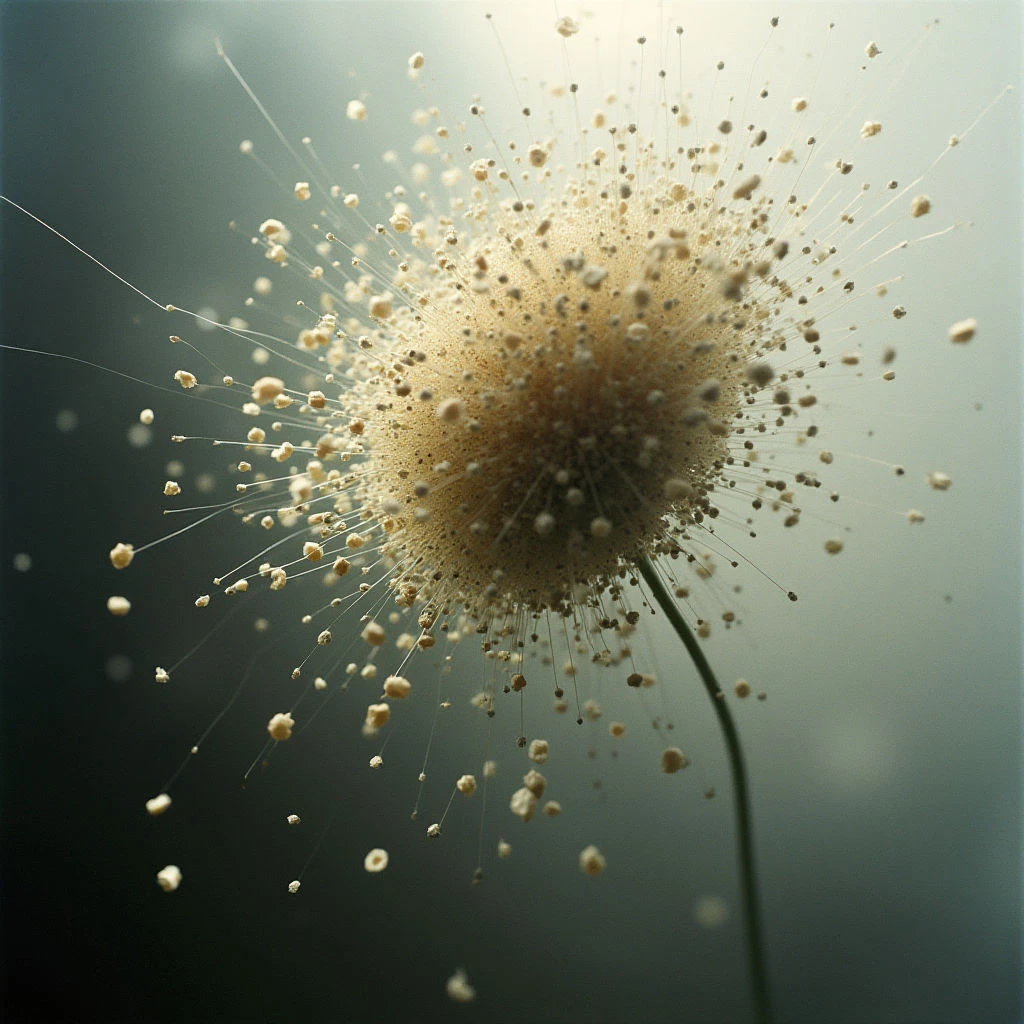 A dandelion seed head is caught mid-disperse, with a cloud of tiny seeds floating away from the central sphere. The delicate parachutes are illuminated against a softly blurred, muted background. A slender stem supports the airy bloom, emphasizing its fragility.
