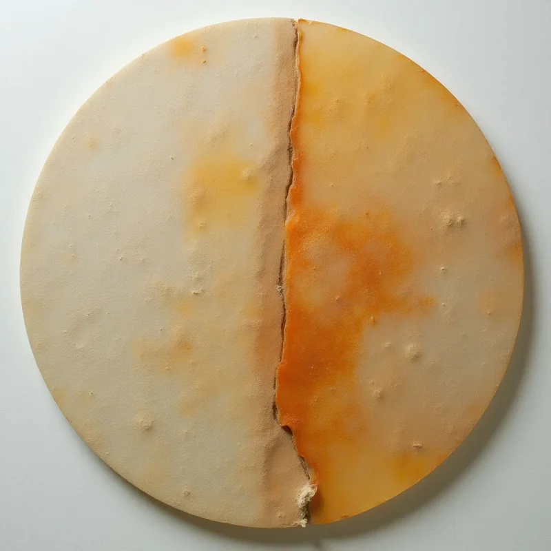 A circular form is divided vertically by an irregular, jagged seam that separates a pale cream section from a warm amber and orange section. The surface features a matte, slightly granular texture with subtle tonal mottling throughout both halves. Soft, diffused light creates gentle shadows along the central ridge and beneath the outer edge of the disc against a plain white background.