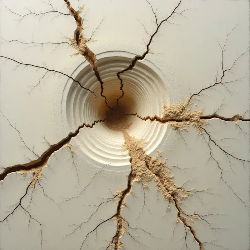 A central, deep circular pit descends into shadow, surrounded by concentric ridges and radiating jagged cracks. The composition uses a monochromatic palette of cream and tan, contrasting the smooth surface of the ground with the gritty, granular texture of displaced sand along the fissures. Light falls from above to illuminate the stepped edges of the crater while casting the interior depths into darkness.