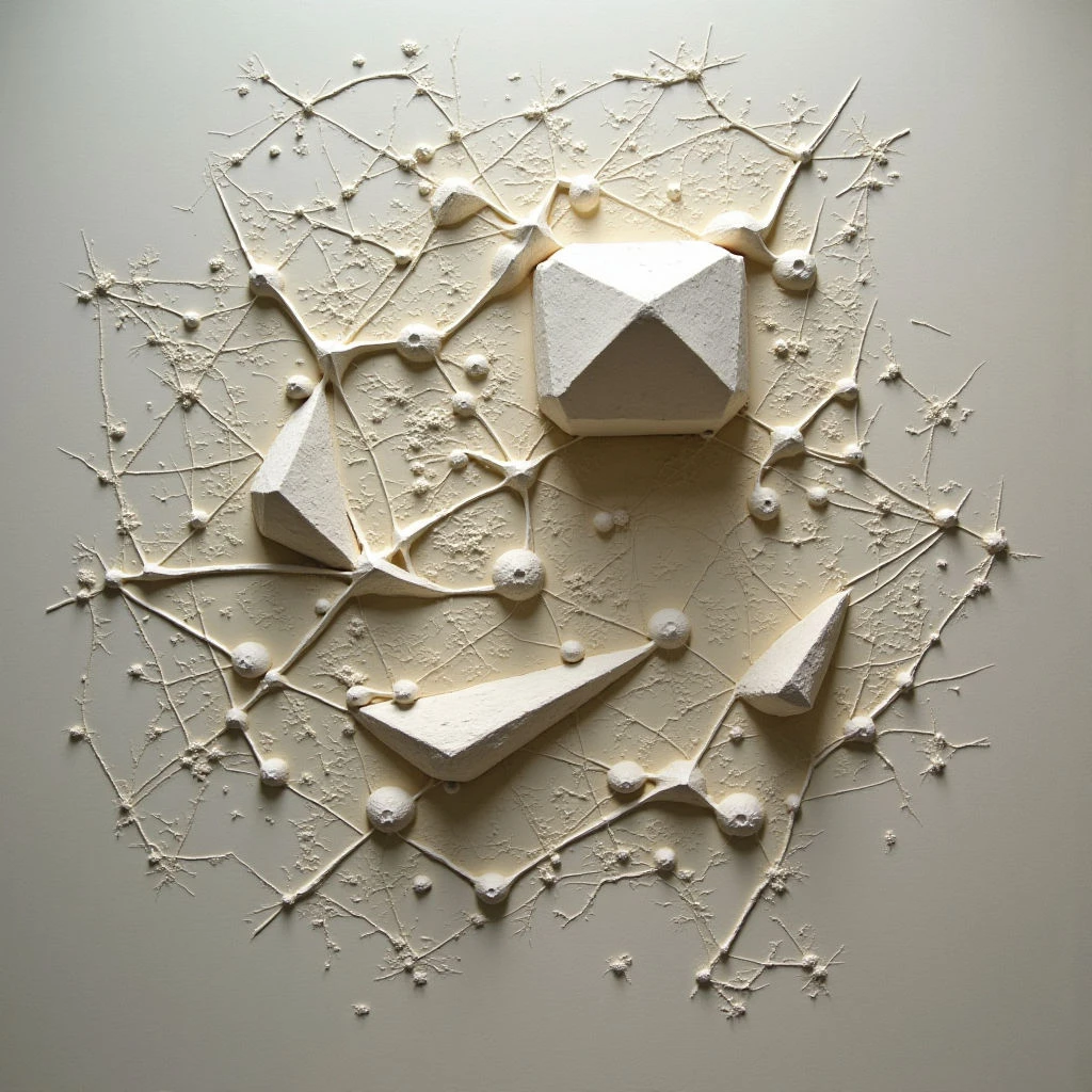 A complex, geometric arrangement of pale shapes covers a neutral background. Sharp-edged prisms and rounded spheres are connected by delicate, branching lines that radiate outwards like a network. The overall effect is reminiscent of a crystalline structure or a stylized biological form.