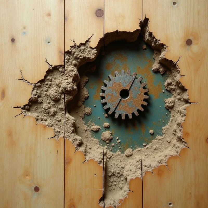 A large, jagged hole breaks through a surface of vertical light-brown wooden planks, revealing a dark teal background behind it. Centered within the opening is a single, weathered metallic gear with serrated edges and a circular center. The composition features a contrast between the smooth grain of the wood, the coarse texture of crumbling debris around the rim, and the hard, matte surface of the gear.