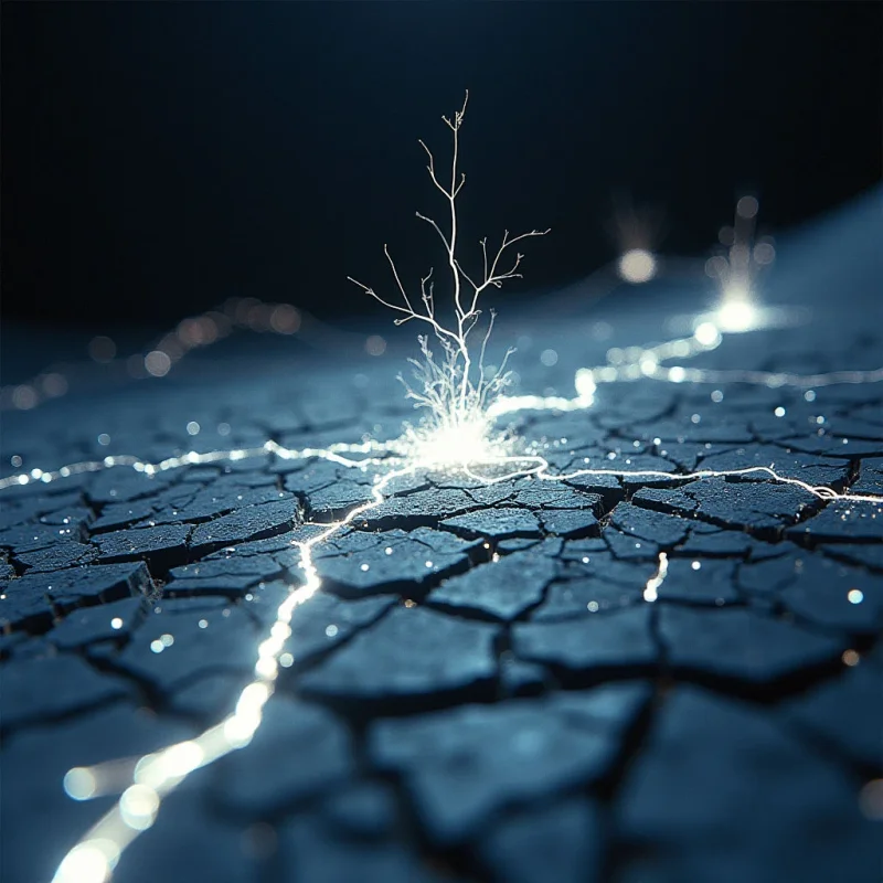 A dark, monochromatic blue landscape of cracked, parched earth is intersected by glowing white veins of light that trace the fissures. Thin, spindly white branches emerge from a central luminous point, rising vertically against a deep, shadowed background. Bright highlights catch the edges of the textured ground and create soft, out-of-focus bokeh circles in the distance.