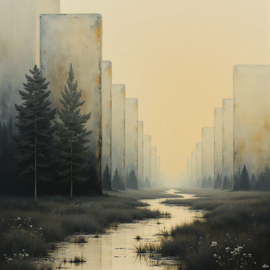 A narrow stream winds through a field of tall grass towards a distant horizon filled with massive, rectangular structures. These monoliths are interspersed with dark evergreen trees, creating a repeating pattern that fades into the hazy light. The overall mood is serene and slightly melancholic, evoking a sense of vastness and quiet isolation.