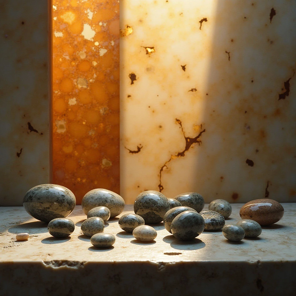 The scene features a collection of smooth, rounded stones arranged on a flat, textured surface in front of two vertically oriented, corroded metal panels. Warm tones of orange and beige dominate the color palette, with strong directional light creating highlights and shadows across the stones and surfaces. The spatial arrangement suggests a shallow depth of field, emphasizing the foreground grouping of rocks against the backdrop of the weathered metal walls.