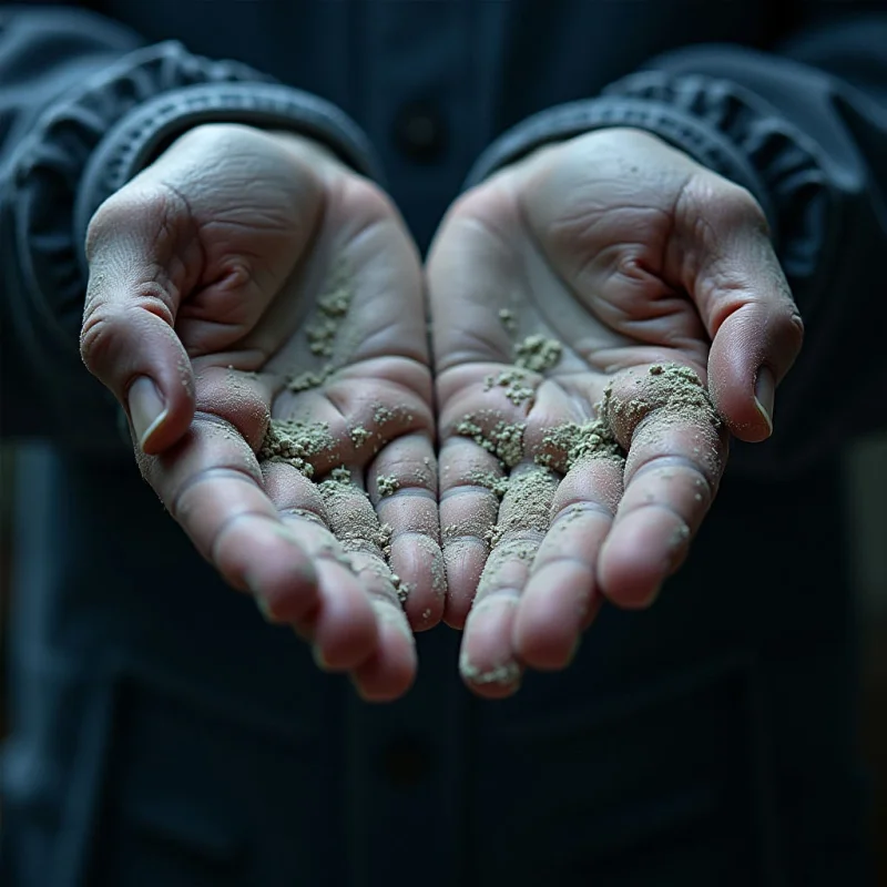 Two open hands are centrally positioned and filled with a grainy, tan substance against a dark blue textured background. The skin of the hands appears slightly rough and weathered, contrasting with the fine texture of the material they hold. Light falls unevenly across the scene, highlighting the palms and creating shadows within the creases of the hands and between the grains.