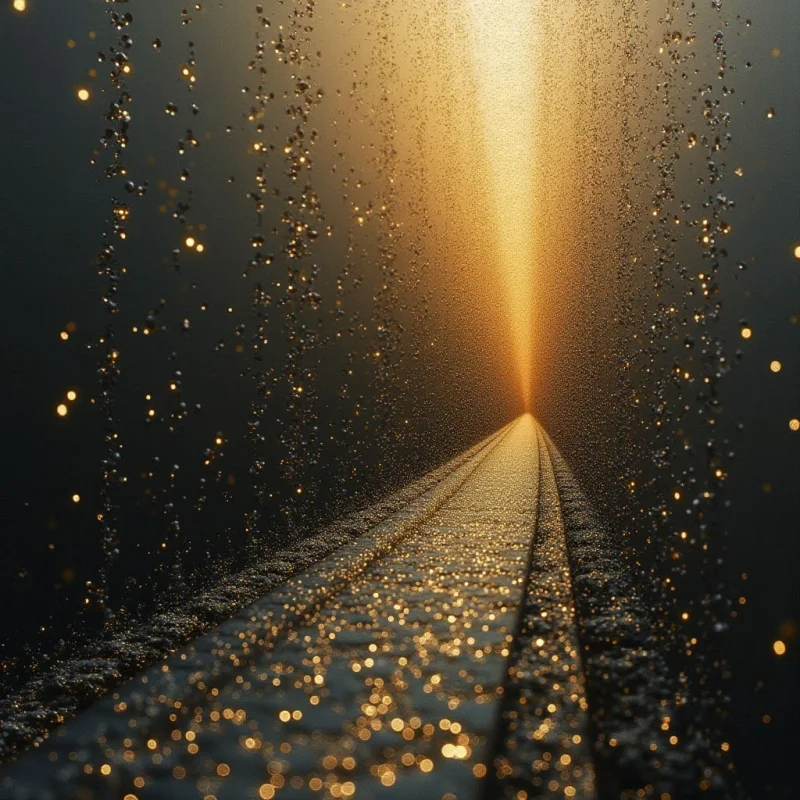 Parallel lines recede toward a bright, singular point of golden light in the center distance. Droplets and shimmering particles descend vertically through a dark, atmospheric space, creating a textured veil of bokeh and glints. The composition transitions from deep shadows at the edges to a brilliant, warm glow that illuminates the wet, reflective surfaces.