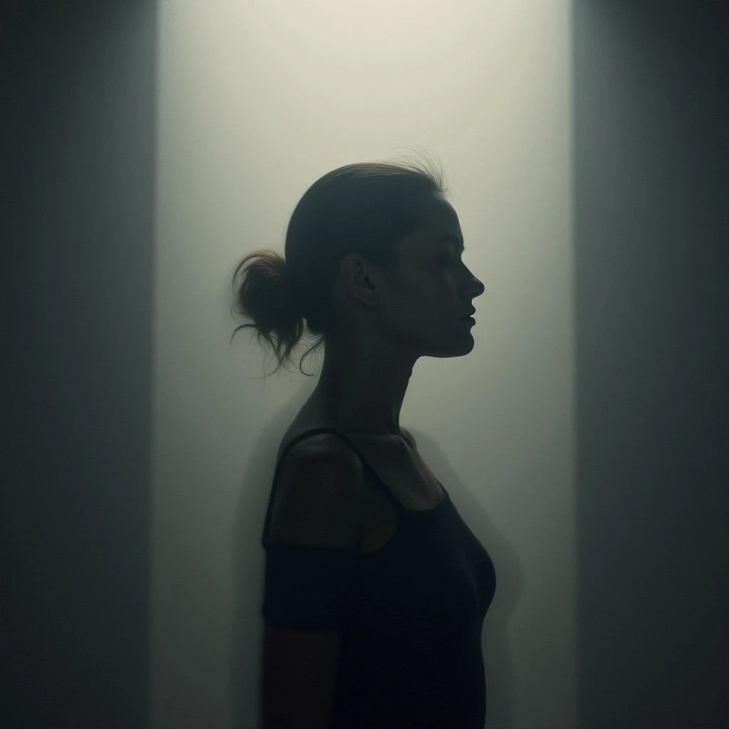 A woman with dark hair pulled back stands in a dimly lit, enclosed space. She is seen in profile, her face shadowed and contemplative as she gazes towards the light. A faint blurring around her form suggests movement or a sense of instability.