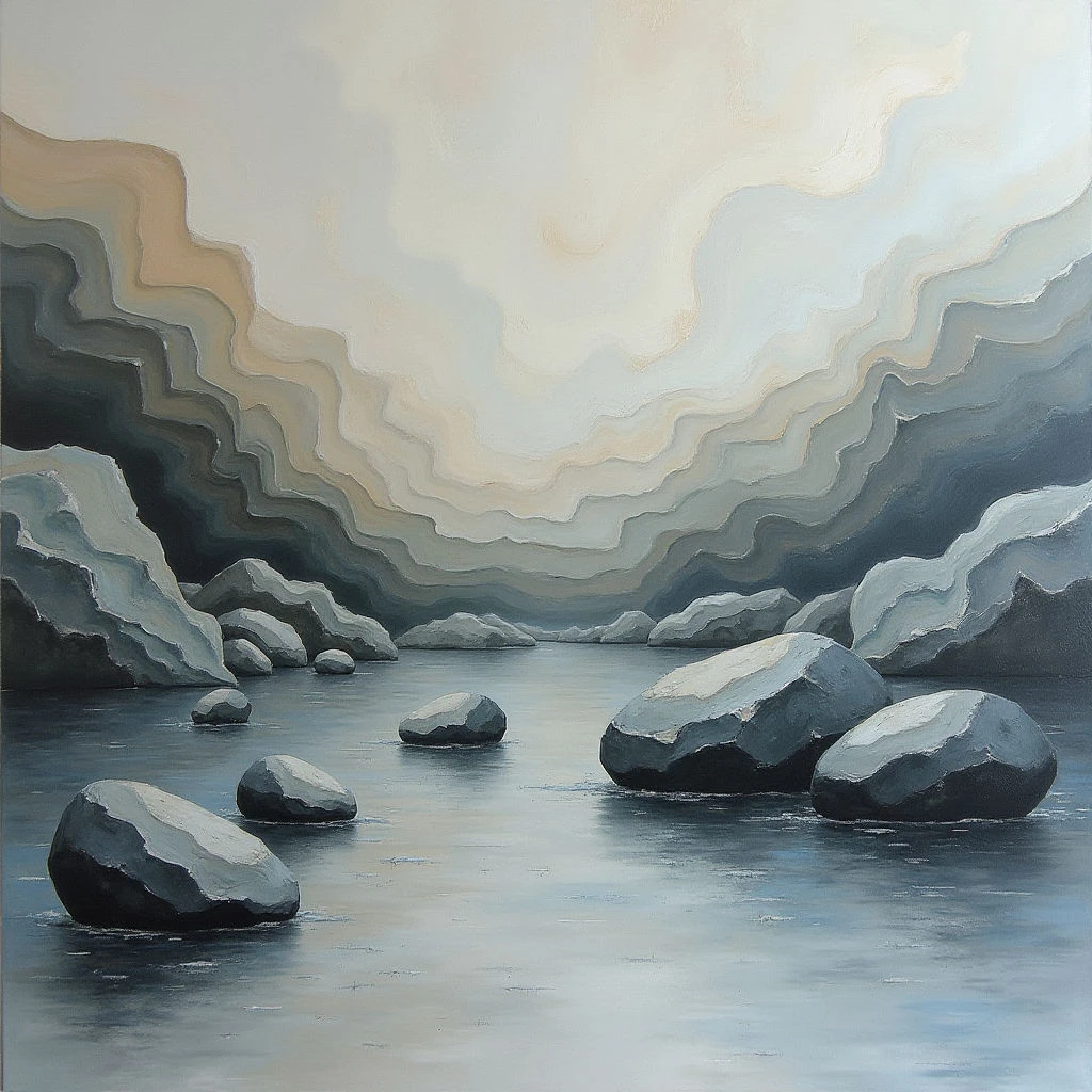 The scene depicts a body of water surrounded by dark, rocky formations under a pale sky with layered clouds. Cool grays and blues dominate the composition, contrasted by warmer beige tones in the upper cloud layers, while textures appear rough on the rocks and smoother on the water’s surface. Spatial depth is suggested through diminishing size and value shifts of the rocks receding into the distance, creating a sense of openness towards a central vanishing point.