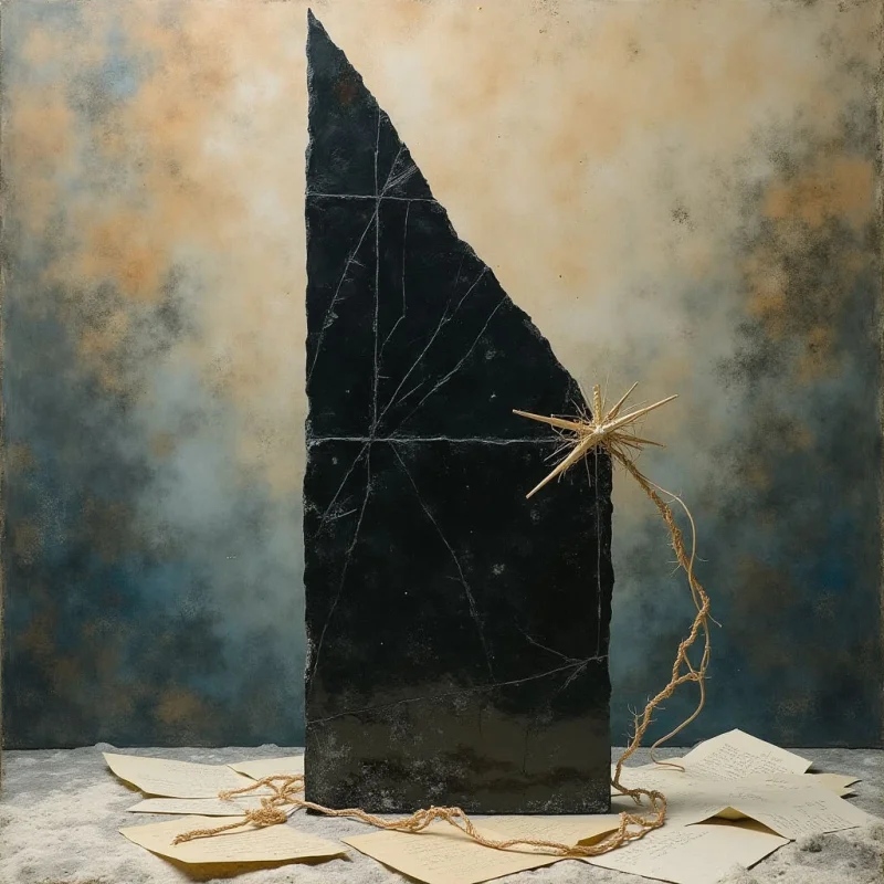 A tall, angular black monolith with fine white veins stands centrally against a mottled backdrop of ochre, cream, and slate blue. A thin, fibrous golden cord winds around the dark stone and sprawls across scattered pale parchment papers on a textured sandy surface. Soft, diffused light illuminates the scene, creating subtle gradients in the background and highlighting the sharp edges of the central form.