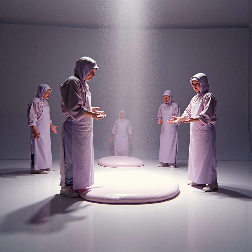 Five figures wearing light purple robes and head coverings stand in a stark, white room. They are arranged around two circular platforms illuminated by a bright overhead spotlight, with one translucent figure appearing between them. The people have their palms open as if offering or receiving something, creating a sense of ritual or anticipation.