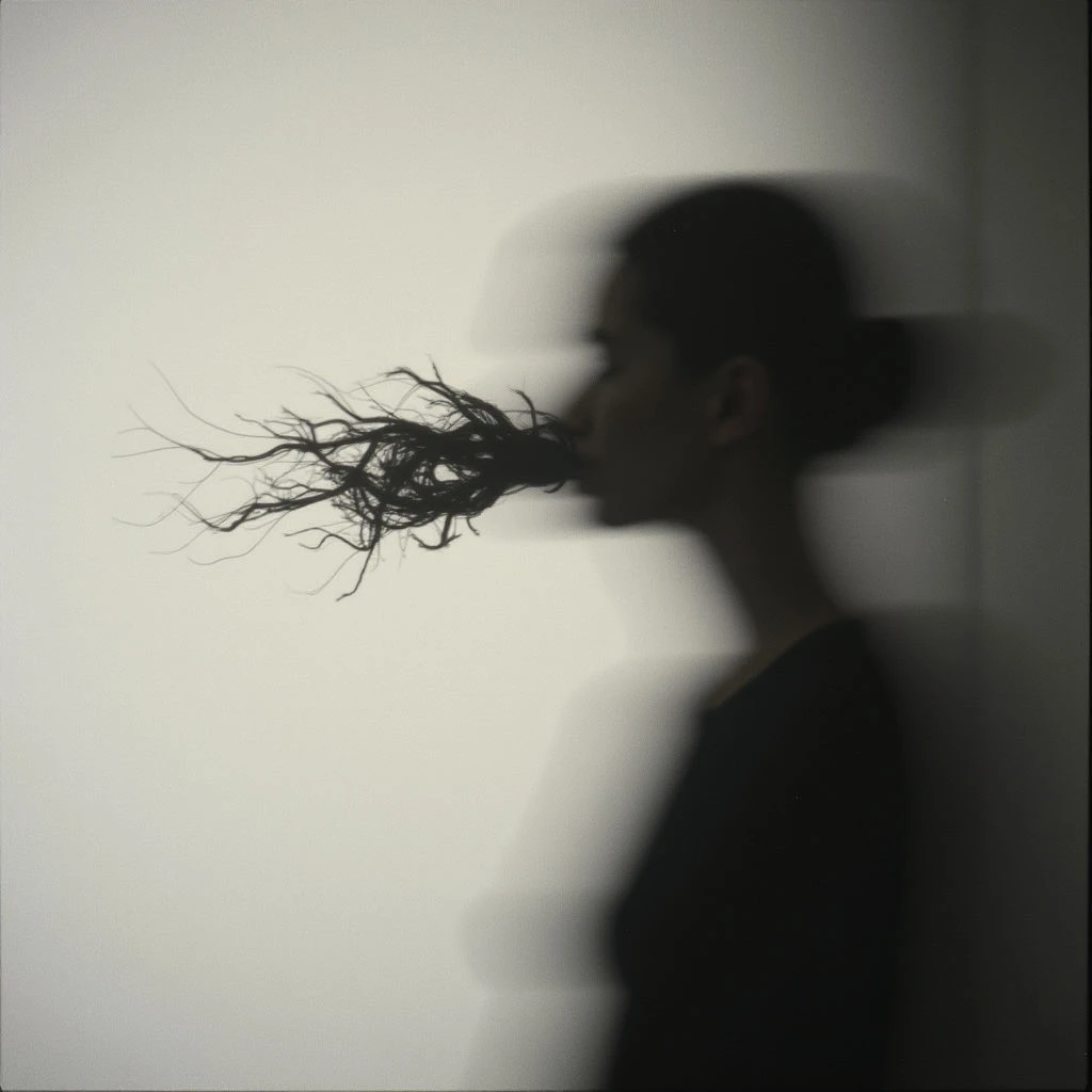 A shadowy figure is shown in profile against a pale wall, with their form slightly blurred and indistinct. From the area of their mouth extends a tangle of dark, spindly branches, appearing to grow outward like roots or vines. The overall effect is dreamlike and unsettling, suggesting transformation or a connection between the person and something wilder.