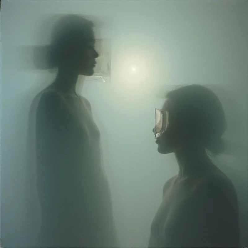 Two shadowy figures, resembling women, face each other in a hazy, muted space. One figure is partially obscured with motion blur and the other wears what appears to be goggles or a mask over her eyes. A bright glow emanates from behind them, washing out detail and creating an ethereal atmosphere.