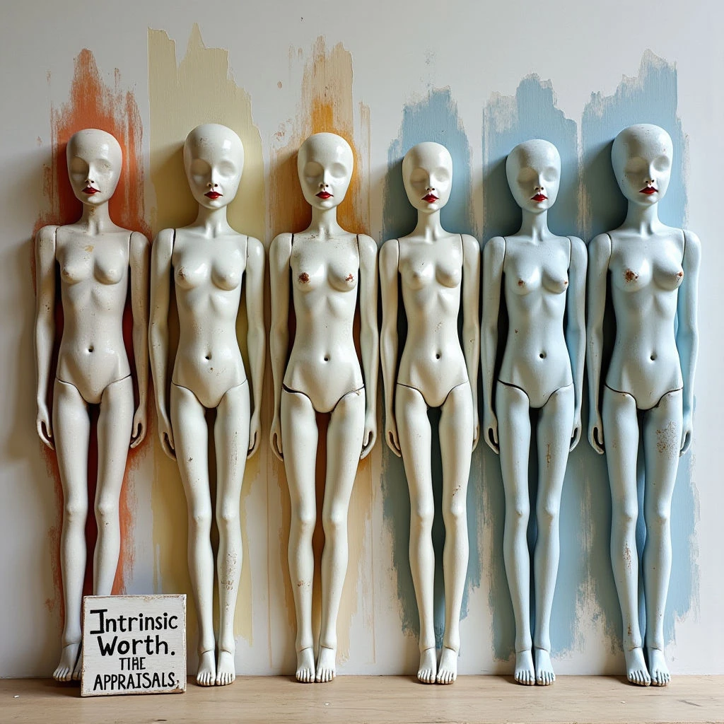 Six articulated mannequin figures stand in a row against a wall with patches of faded orange, yellow, and blue paint. The mannequins are primarily pale shades of white and light blue, exhibiting smooth, plastic-like textures contrasted by visible joint lines along their limbs. A rectangular sign rests on the floor at the left edge of the composition, partially obscuring the base of the first figure; the figures cast subtle shadows onto the floor below, suggesting a direct light source from above.