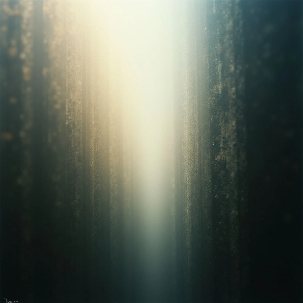 A bright, vertical shaft of light cuts through a dark and textured background. Dust motes or particles seem to swirl within the beam, giving it a hazy, ethereal quality. The surrounding darkness is deep and subtly colored with shades of green and brown.