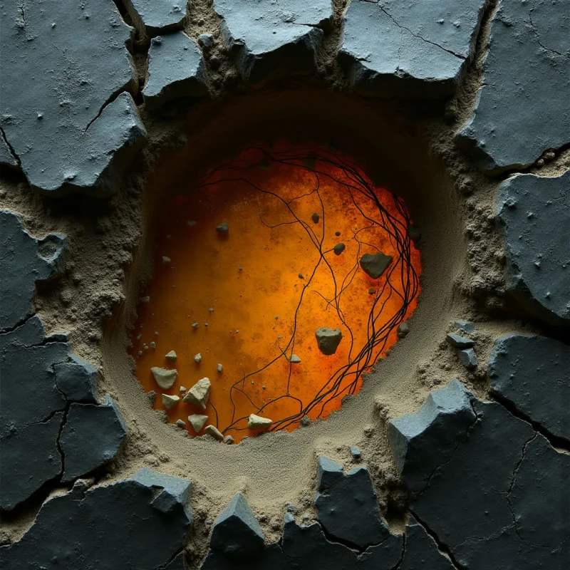 A central orange void, filled with fine dark lines and scattered small fragments, is framed by a jagged ring of tan sand and broken grey rock. The composition features a high contrast between the bright, warm center and the dark, cool-toned textures of the surrounding cracked stone. Deep shadows within the crevices enhance the sense of depth between the irregular surface layers and the hollow interior.