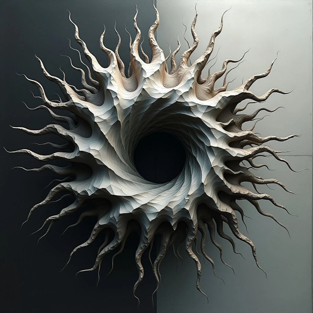 A swirling, organic form dominates the center of the frame, resembling a dark vortex or blossoming flower with thorny petals. The structure appears sculpted and layered, transitioning from a pale inner core to darker, textured edges that radiate outwards in a spiral pattern. A deep black void sits at the very heart of this complex, otherworldly creation.