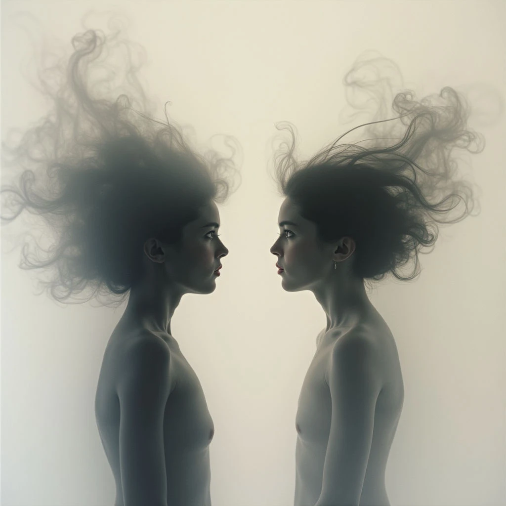 Two identical figures, appearing as profiles, face each other with their heads nearly touching. Their bodies are smooth and undefined, while dark, swirling masses of what looks like smoke or hair erupt from the tops of their heads. The background is a pale, neutral tone, emphasizing the contrast between the figures and their ethereal forms.