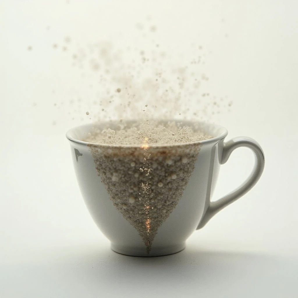 A gray ceramic mug is rapidly disintegrating into a cloud of sparkling particles. The contents within are also breaking down, forming a funnel-shaped stream of dust rising from the base of the cup. It looks as though something solid is dissolving or being pulled apart at an accelerated rate.