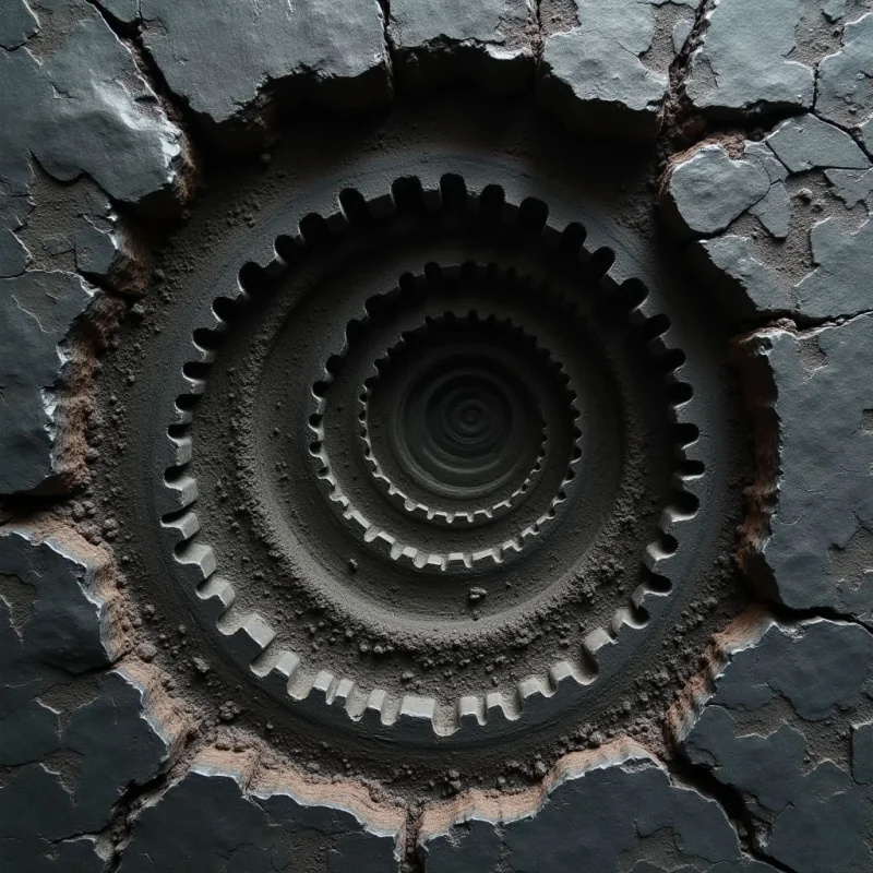 A dark, monochromatic palette of charcoal and slate grey defines this composition, accented by earthy, reddish-brown tones within the crevices. Concentric, jagged gear-like rings spiral inward toward a central void, creating a sense of depth through layered, circular shapes. Rough, cracked textures on the outer perimeter contrast with the granular, sandy surfaces of the descending spiral.