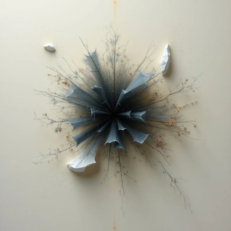 A dark, radial burst of folded material extends outwards from a central point on a pale beige surface. Thin, delicate branches with small buds radiate amongst the folds, and several fragmented white shapes are scattered around the perimeter. The entire composition appears to be mounted slightly off the wall, creating subtle shadows and texture.