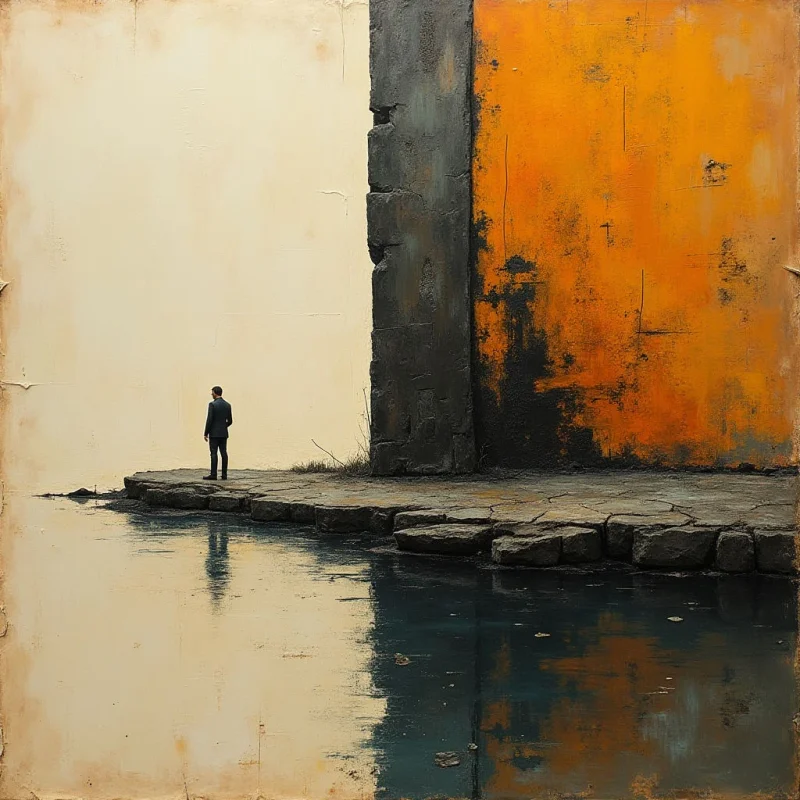 A tall, vertical gray stone pillar divides the frame, separating a vast cream-colored expanse on the left from a textured orange wall on the right. A small dark silhouette of a person stands on a low ledge of rugged, dark stones that extends into a reflective body of water in the foreground. The composition uses stark geometric shapes and high-contrast colors, with light reflecting softly off the calm water's surface.