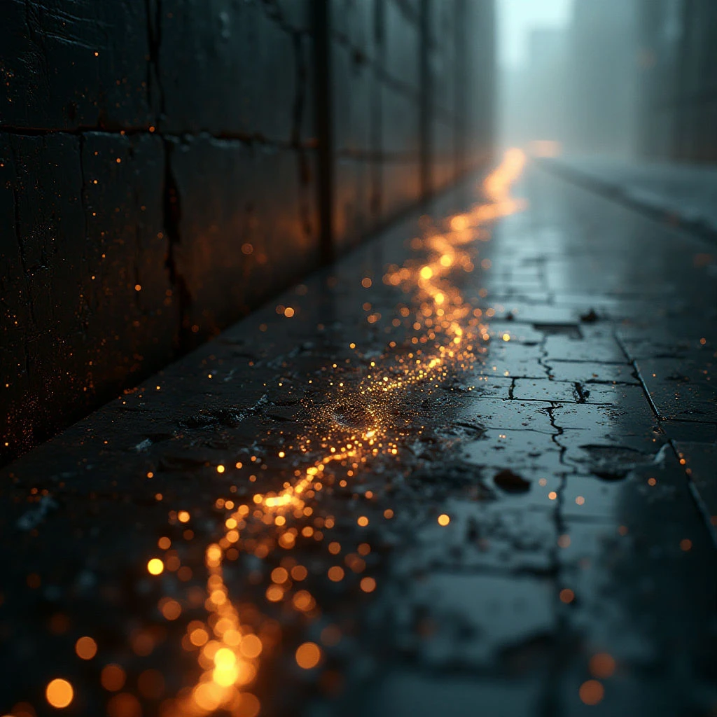 The image features a dark, narrow space defined by rough brick walls and a cracked stone surface. A line of bright orange points of light runs along the seam between the wall and the ground, contrasting with the predominantly cool blue-gray tones of the surrounding environment. The perspective draws the eye into the receding distance where the lights become increasingly blurred, suggesting depth within a confined area.