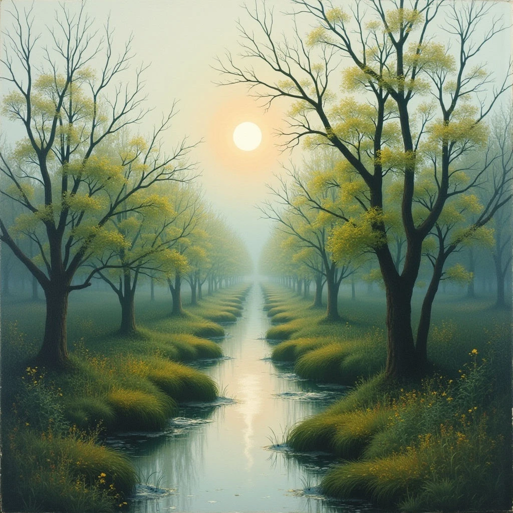 A narrow stream winds through a lush, green meadow lined with trees. The trees are mostly bare, but sport small patches of yellow leaves, suggesting early spring or late autumn. A bright sun hangs low in the hazy distance, reflecting warmly on the water's surface and illuminating the foggy landscape.