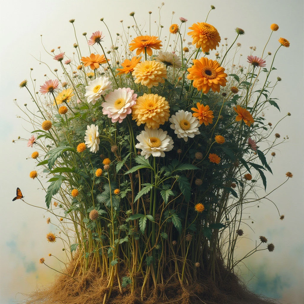 A dense cluster of wildflowers, primarily shades of orange and white, bursts from a mound of earth and tangled roots. The blossoms are varied in size and bloom stage, creating a full and textured display with long slender stems reaching upwards. A single butterfly hovers near the base of the flowers, adding a touch of movement to the otherwise still scene.