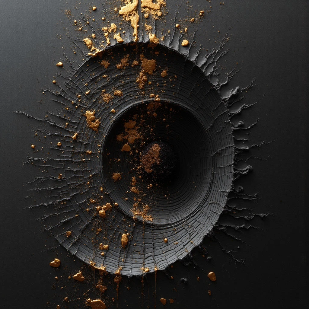 The image features a dark gray, almost black, circular form with radiating, jagged extensions against a similarly toned background. Scattered across the composition are particles of gold and brown material, concentrated more heavily within and around the central circle. Light appears to originate from above, creating highlights on the textured surfaces and casting subtle shadows that define depth within the layered structure.